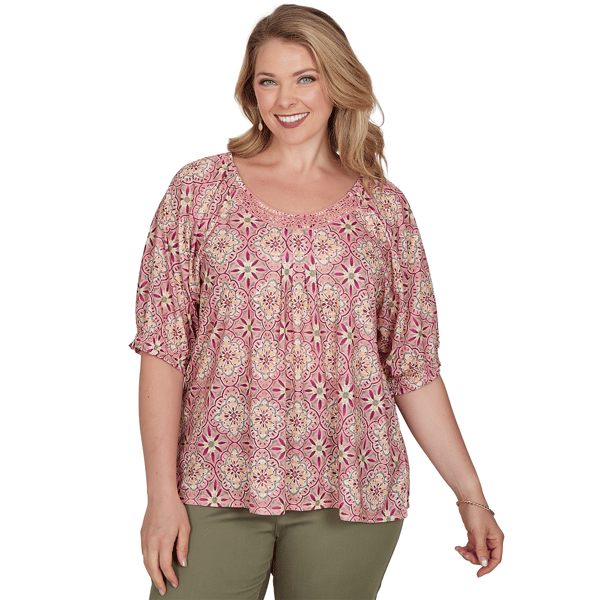 Women''s Ruby Rd. Sedona Escape Desert Geo Print Lace Trim Knit T - image 