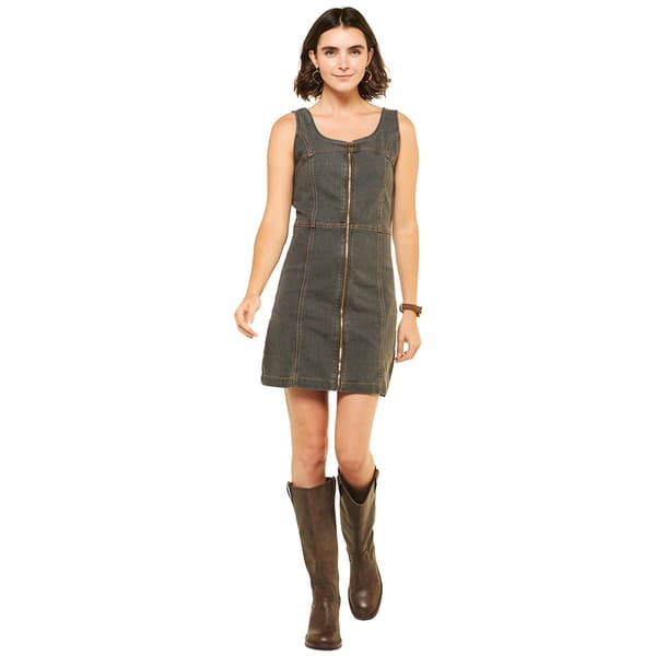 Womens Bebe Sleeveless Denim Square Neck Full Zip A-Line Dress