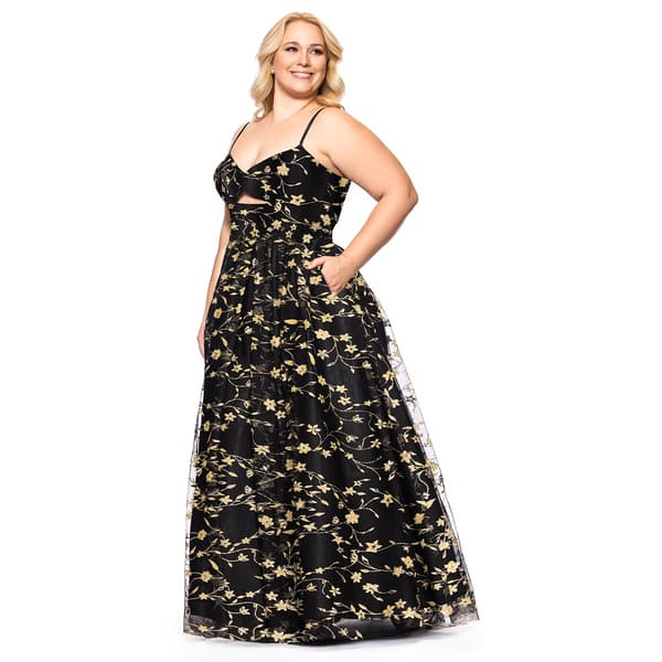 Juniors Plus Blondie Nites Embroidered Lace Up Back A-Line Dress