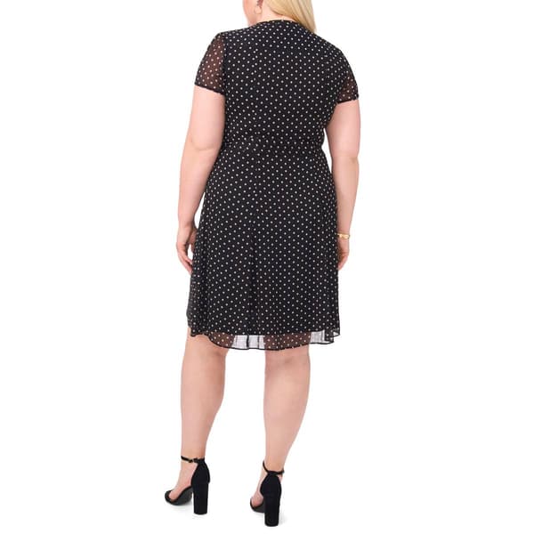 Plus Size MSK Short Sleeve Dot Chiffon Pintuck A-Line Dress