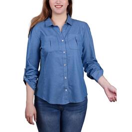 Womens NY Collection 3/4 Sleeve Denim Button Down Top