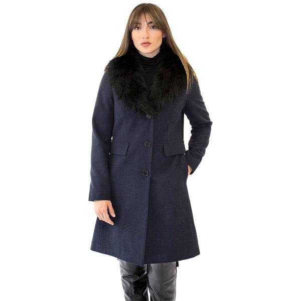 Womens Nine West Plaid Faux Wool Coat With Faux Fur Collar