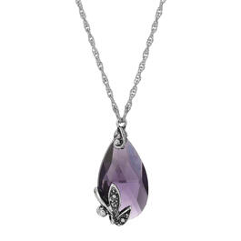 1928 Silver-Tone Teardrop Faceted Purple Glass Crystal Pendant