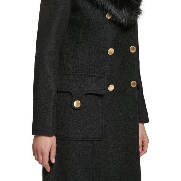 Womens Guess Long Boucle Double Breasted Peacoat w/Faux Fur