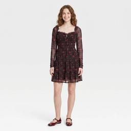 Juniors Jolt Long Sleeve Floral Print Smock Waist A-Line Dress