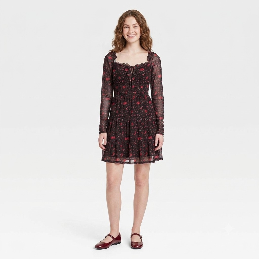 Juniors Jolt Long Sleeve Floral Print Smock Waist A-Line Dress