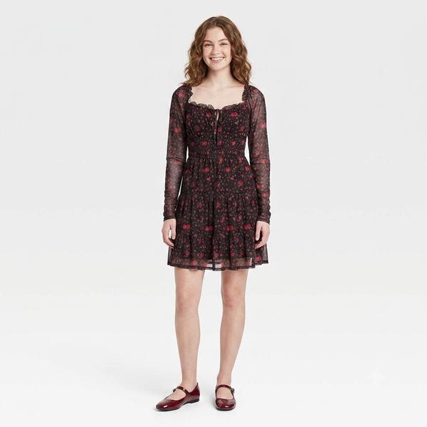 Juniors Jolt Long Sleeve Floral Print Smock Waist A-Line Dress - image 