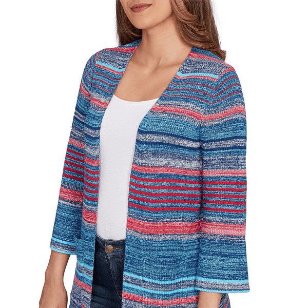 Petite Ruby Rd. Indigo Go Front Pocket Stripe Open Cardigan