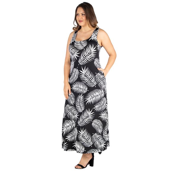 Plus Size 24/7 Comfort Apparel Leaf Print Maxi Dress with Pockets