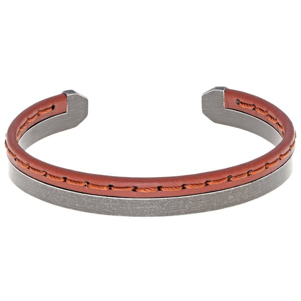 Mens Lynx Stainless Steel Stitched Leather Cuff Bangle Bracelet - image 
