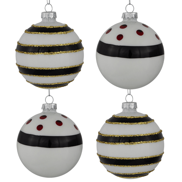 Northlight 4ct. Shiny White & Black Striped Christmas Ornaments