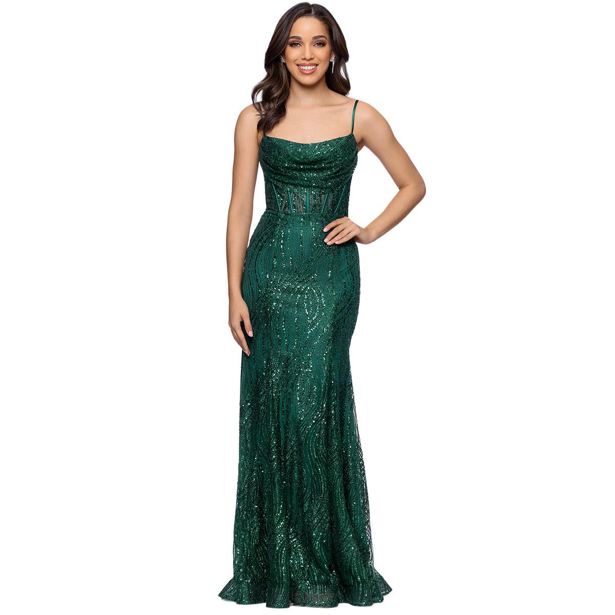 Open Video Modal for Juniors Blondie Nites Glitter Drape Neck Sheath Dress