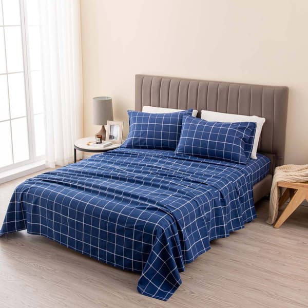 Freshfolds Turkish Cotton Blue Windowpane Flannel 4pc. Sheet Set