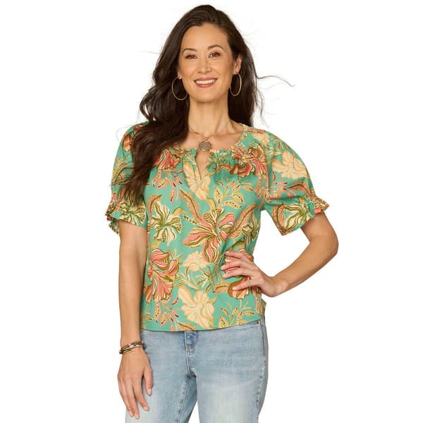 Womens Democracy Short Sleeve Keyhole Neck Woven Blouse
