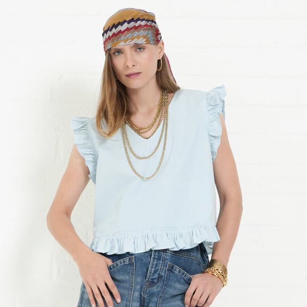 Womens MNK Ruffle Sleeve V Neck Denim Blouse - image 