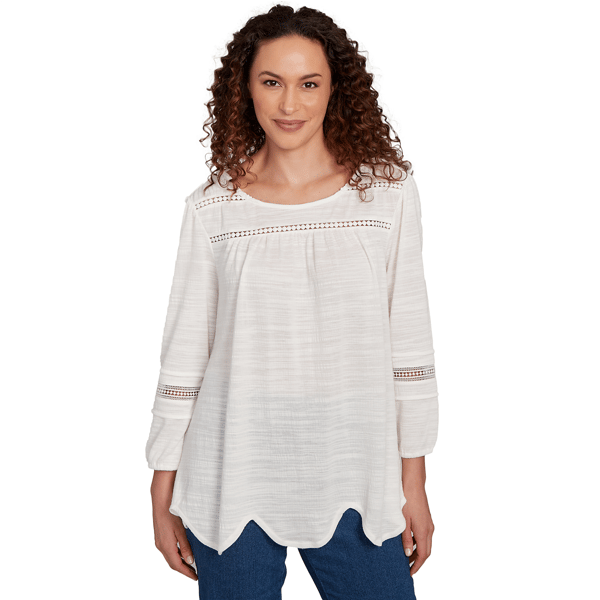 Women''s Solid Slub Knit Lace Trim Top