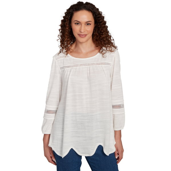 Women''s Solid Slub Knit Lace Trim Top - image 