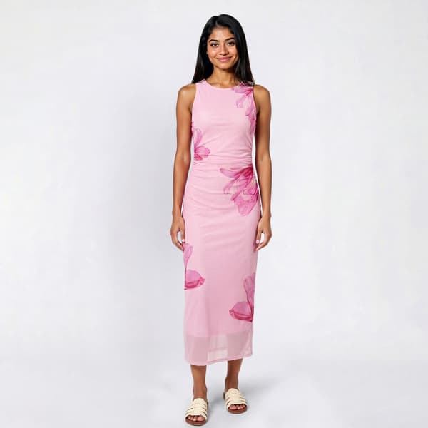 Juniors No Comment Placement Floral Mesh Side Ruch Midi Dress - image 