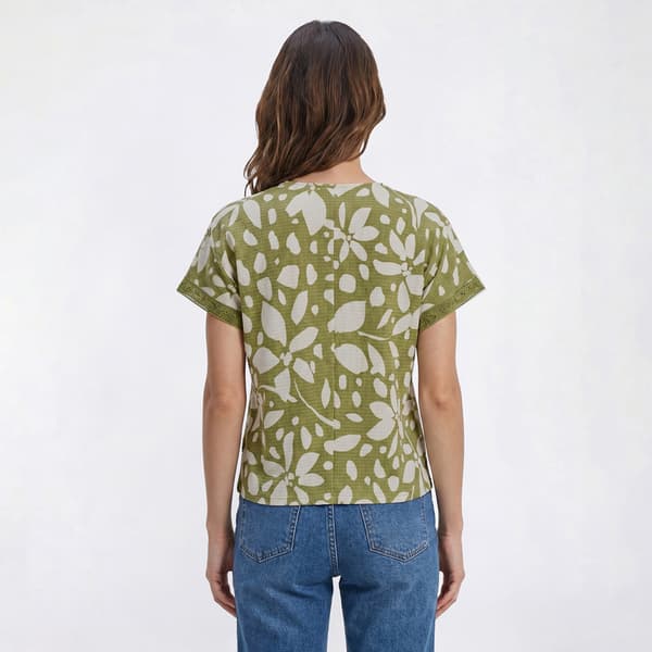 Womens Como Blu Cap Sleeve Leaf Abstract V-Neck Lace Blouse