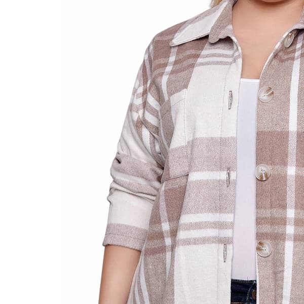 Plus Size NY Collection Brushed Twill Plaid Shacket- Tan/White