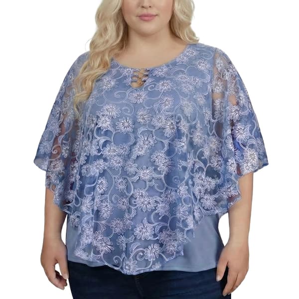 Plus Size NY Collection 3 O-Ring Floral Poncho Blouse - image 