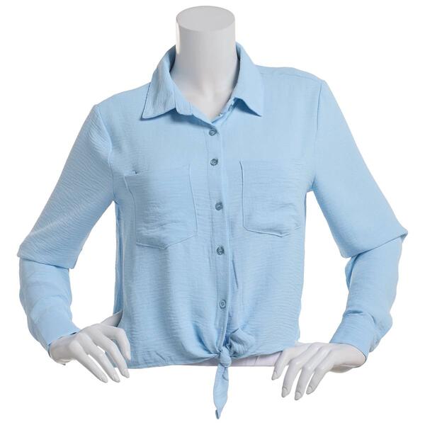 Juniors No Comment Long Sleeve Tie Front Button Up Blouse - image 