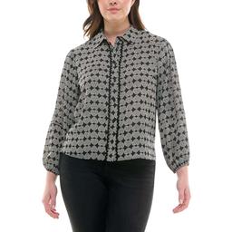 Womens Zac & Rachel Long Sleeve Geo Heart Button Down Blouse
