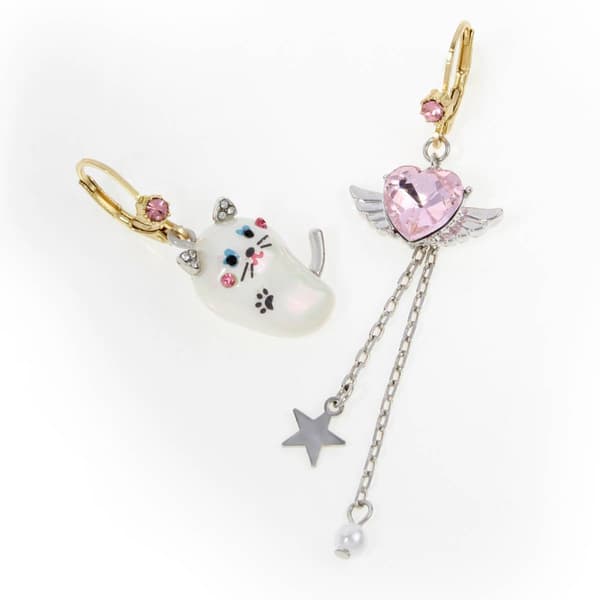 Betsey Johnson Pearl Critters Cat & Winged Heart Drop Earrings