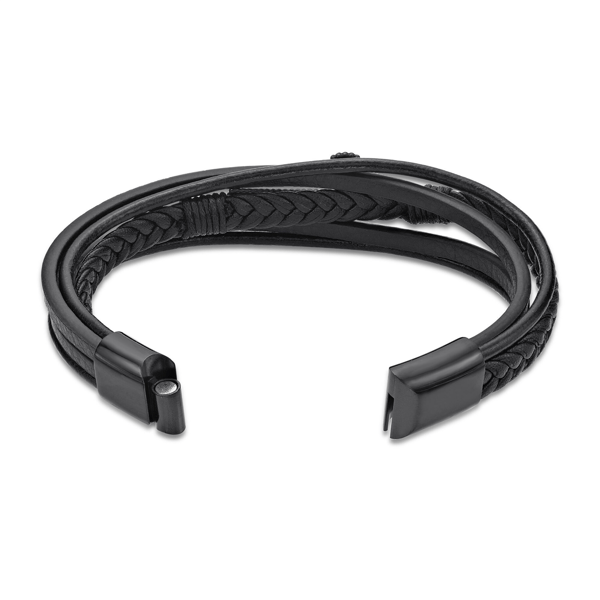 Mens Lynx Black Ion Plated & Black Leather Bracelet