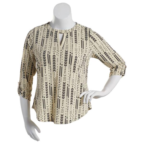 Womens Cure 3/4 Roll Tab Sleeve Knit Crepe Tribal Blouse - image 