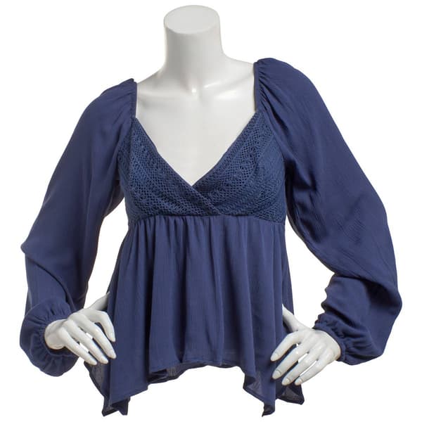 Juniors Madden Girl Long Sleeve Puff Crochet Yoke Babydoll Blouse