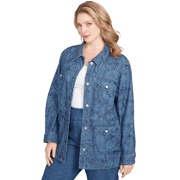 Plus Size Ruby Rd. Indigo Go Paisley Stretch Denim Jacket