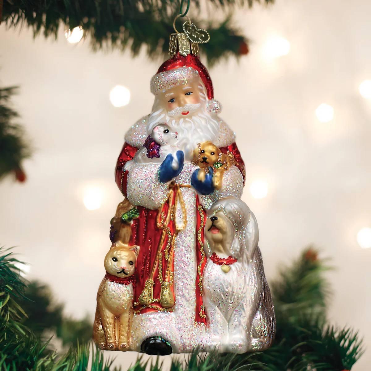 Old World Christmas Santa Furry Friends Glass Ornament