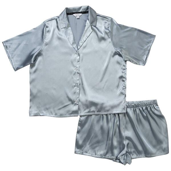 Womens Nicole Miller Short Sleeve Satin Short Pajama Set - Blue - image 