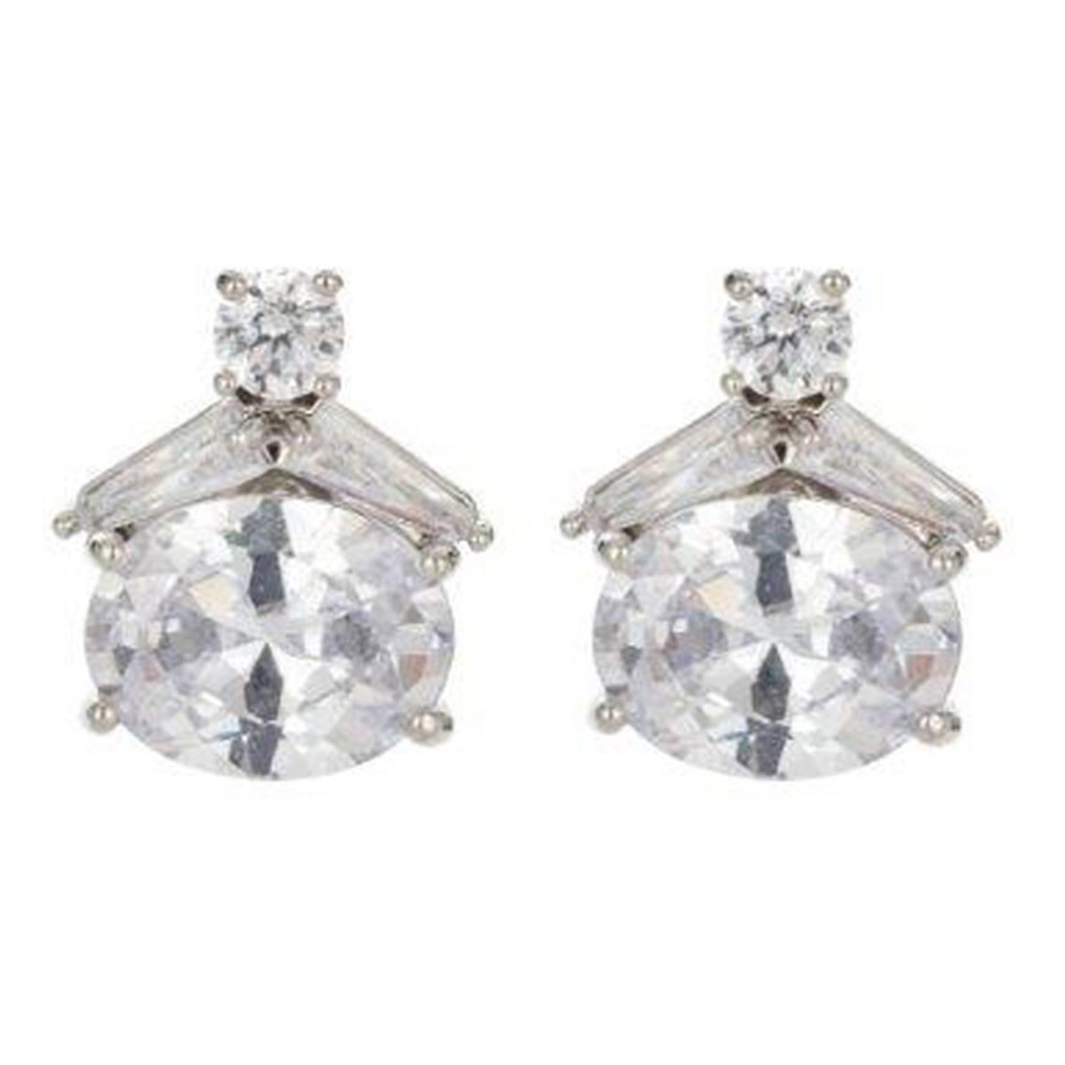 Roman Silver-Tone Oval CZ Baguette Post Earrings