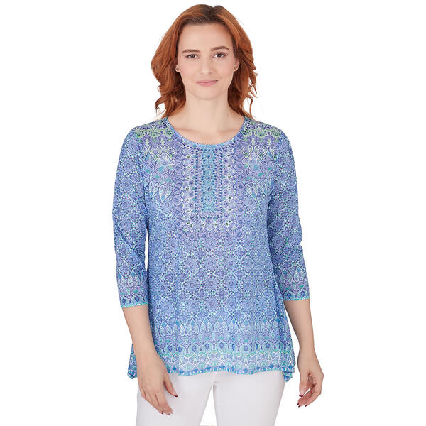 Womens Ruby Rd. Bali Blue Knit Embellished Geo Top - image 