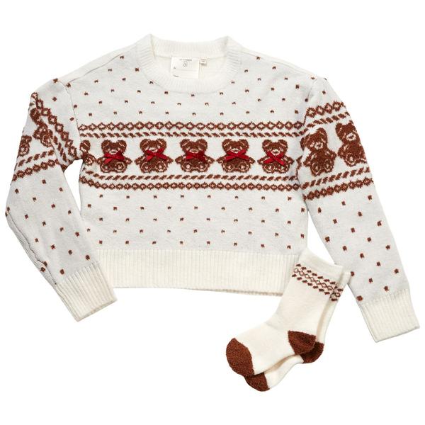 Girls (7-16) No Comment Fair Isle Teddy Bear Sweater w/ Socks - image 