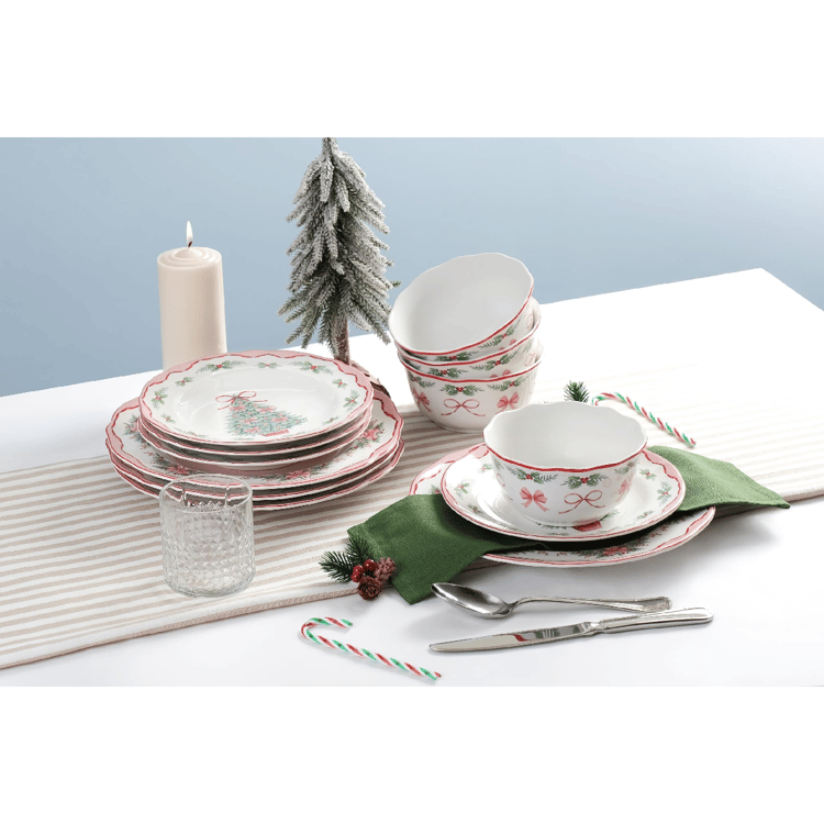 222 Fifth Pinkmas 12pc. Porcelain Christmas Dinnerware Set