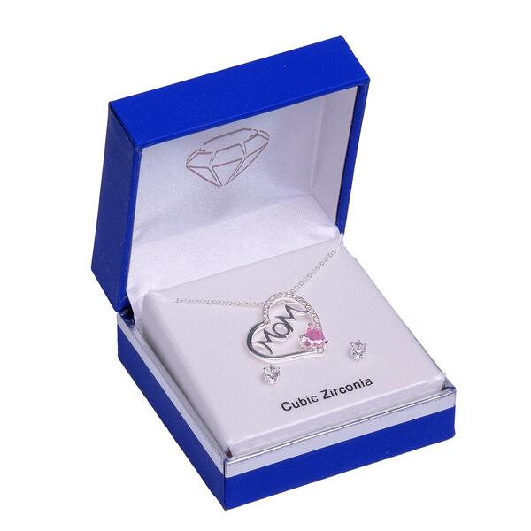 Silver-Tone CZ Mom Heart Pendant & Earrings Set - image 