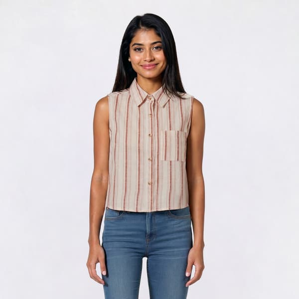 Juniors No Comment Striped Linen Sleeveless Button Down Top- Pink - image 
