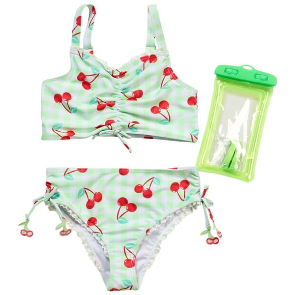 Girls (7-12) Nicole Miller 2pc. Gingham Cherry Swim Set w/ Pouch - image 