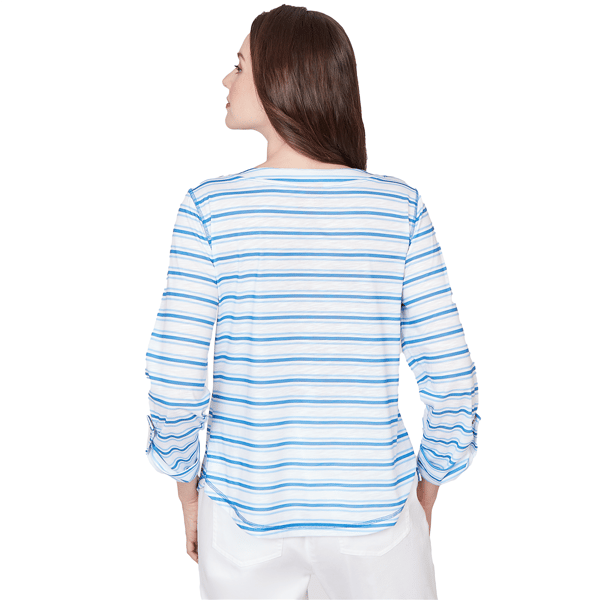 Petite Hearts of Palm Embraceable Blue Roll Tab Sleeve Blouse