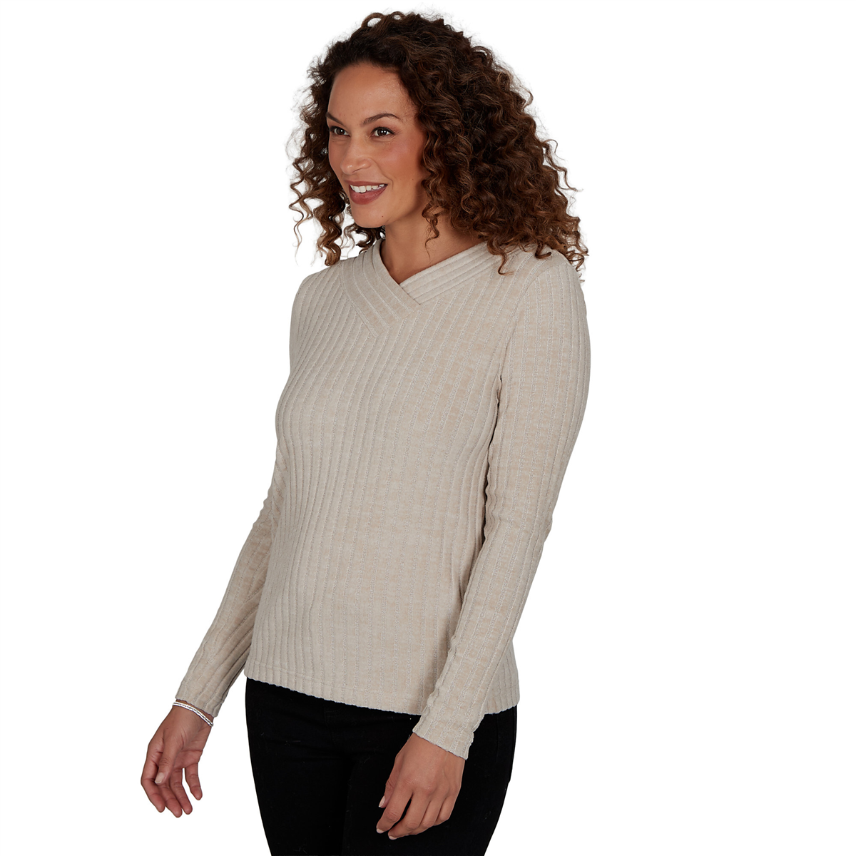 Womens Skye’s the Limit Champagne Holiday Rib Knit Sweater
