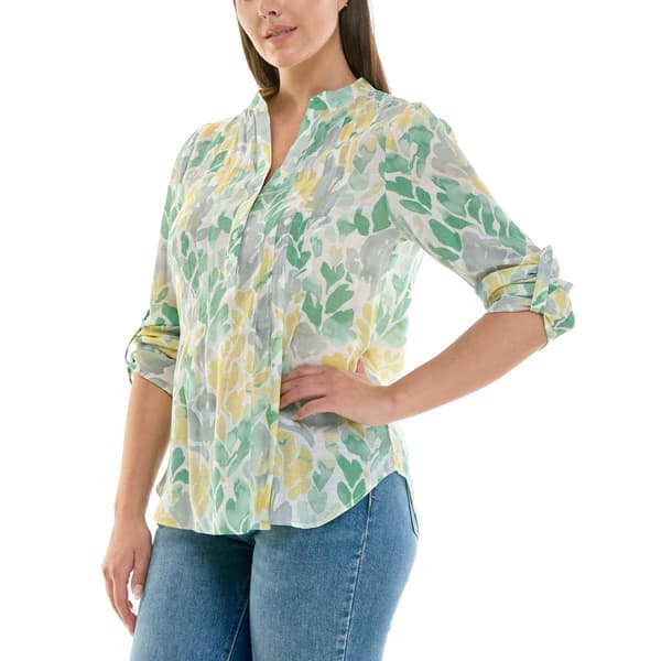 Womens Zac & Rachel 3/4 Roll Sleeve Watercolor Leaf Blouse