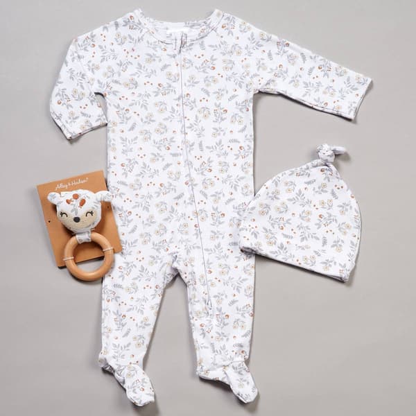 Baby Girl (NB-9M) Adley & Hudson Floral Sleeper with Hat & Rattle - image 