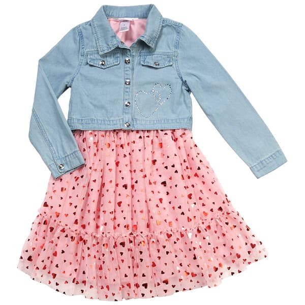 Girls (7-12) Little Lass(R) Heart Mesh Dress W/ Denim Jacket - image 