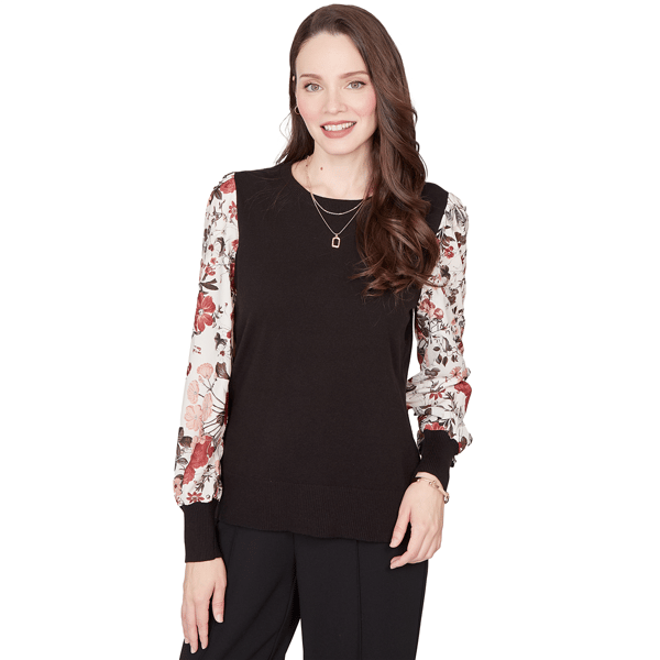 Petites Emaline Dusted Petals Long Sleeve Crew Neck Twofer Sweat