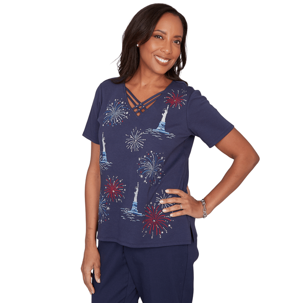 Womens Alfred Dunner Lady Liberty Fireworks Embroidery Blouse