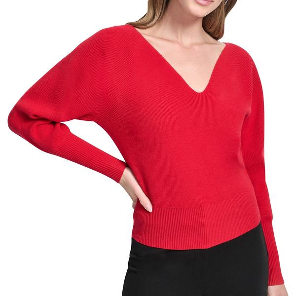 Womens DKNY Long Dolman Sleeve V-Neck Solid Sweater - image 