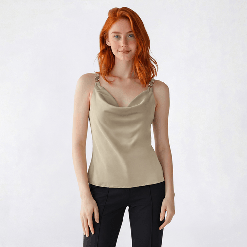 Juniors Love Tree Satin Drape Neck Jewel Strap Tank Top